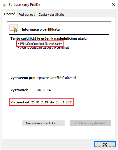 Správce karty – informace o certifikátu 2